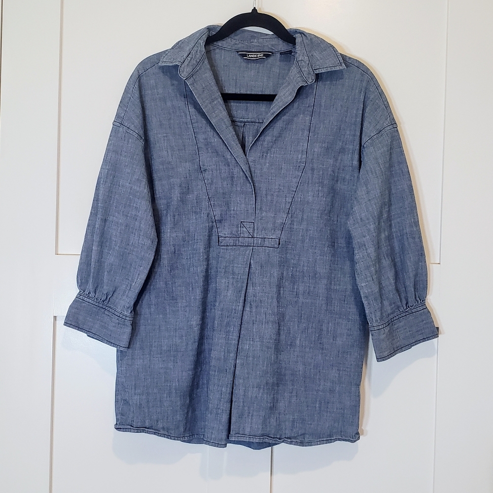 Lands' End Chambray Denim Tunic Popover Cotton Stretch Size 6 Blue Pleated Front